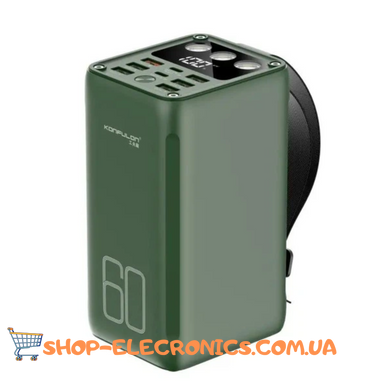 Зовнішній аккумулятор Павербанк Konfulon A28Q 60000mAh Type-C, QC/PD, 22.5W 5A з ліхтариком Зелений