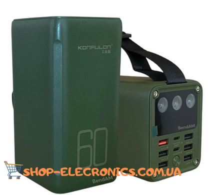 Зовнішній аккумулятор Павербанк Konfulon A28Q 60000mAh Type-C, QC/PD, 22.5W 5A з ліхтариком Зелений