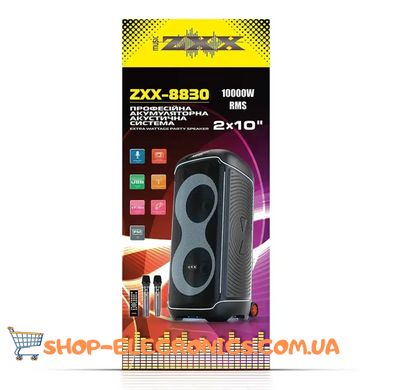 Мобильная акустическая колонка ZXX-8830 80Вт 2x10" с LED-подсветкой двумя радиомикрофонами и пультом