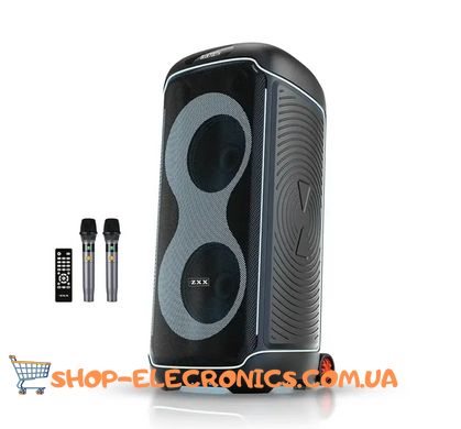 Мобильная акустическая колонка ZXX-8830 80Вт 2x10" с LED-подсветкой двумя радиомикрофонами и пультом