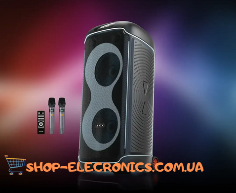 Мобильная акустическая колонка ZXX-8830 80Вт 2x10" с LED-подсветкой двумя радиомикрофонами и пультом