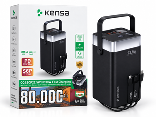 Повербанк Kensa 80000 mAh PD 30W QC/SCP 22.5W з LED-дисплеєм, USB x2 та Type-C