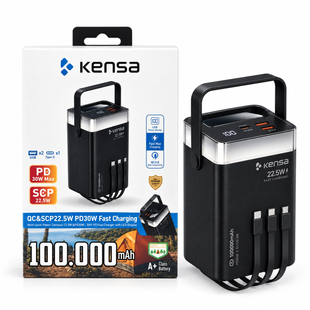 Повербанк Kensa 100000 mAh PD 30W QC/SCP 22.5W з LED-дисплеєм, USB x2 та Type-C