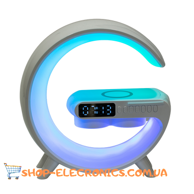 Портативна колонка c RGB-підсвічуванням BT/TF/Wireless Charger/USB/FM/AUX/Clock 15 Вт, біла