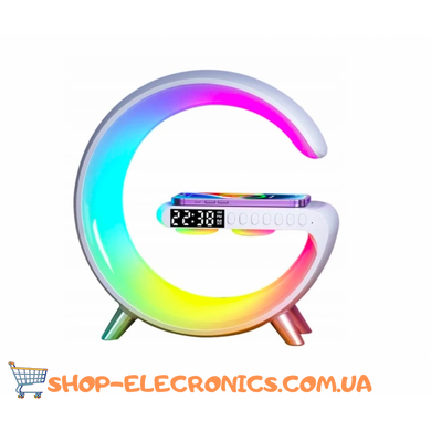 Портативна колонка c RGB-підсвічуванням BT/TF/Wireless Charger/USB/FM/AUX/Clock 15 Вт, біла