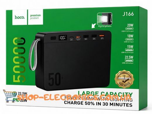 Павербанк Hoco J166 50000mAh Carretera 22.5W з ліхтариком 3xUSB 2xType-C Чорний