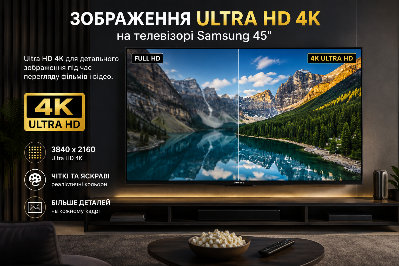 Зображення Ultra HD 4K на телевізорі Samsung 45