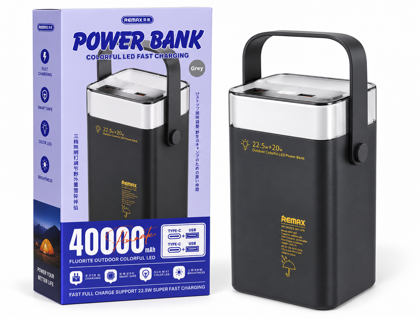 Повербанк Remax 40000 mAh 22.5W з LED-підсвіткою та упаковкою